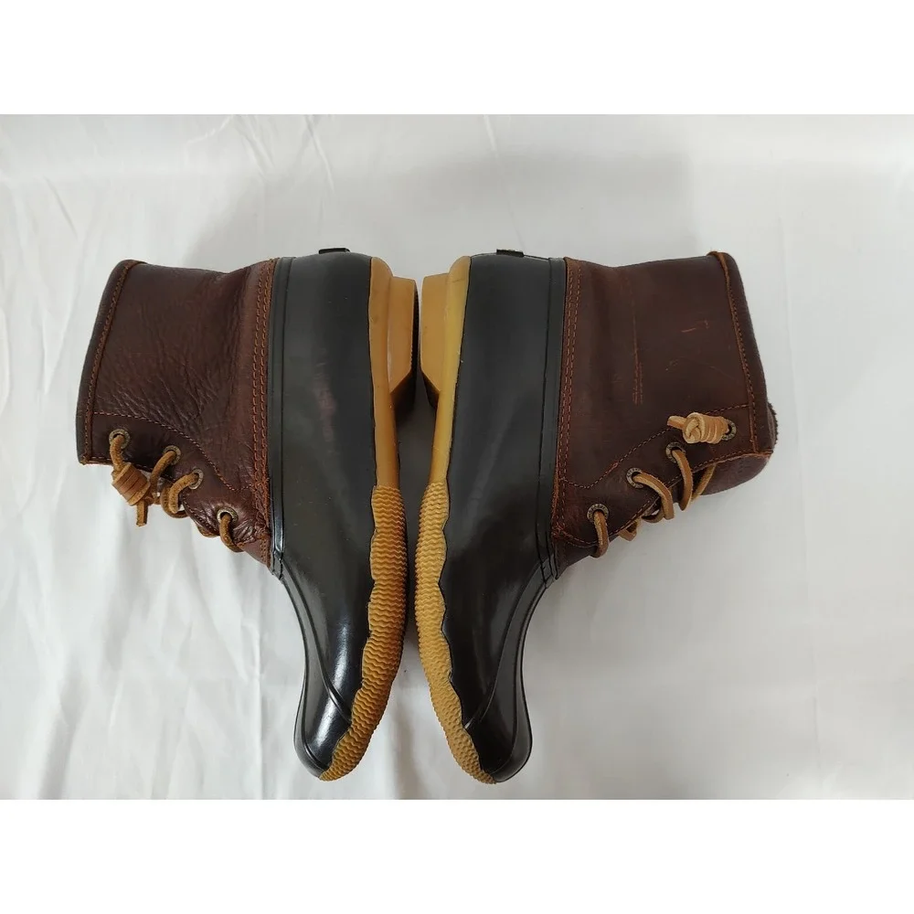 Sperry Top-Sider Saltwater Duck Boots Brown Leather Rubber Ankle Rain Boots Wome
